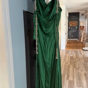 Emerald Green Satin Evening Gown with Embellished Straps